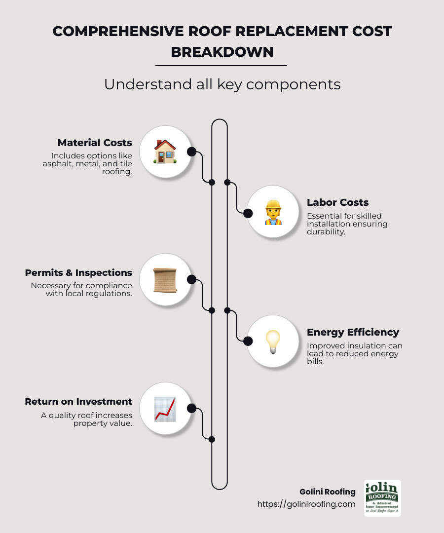Comprehensive breakdown of roof replacement costs, with itemized material, labor, permits, inspection, and expected ROI, depicted through bar graphs and pie charts for visual clarity - New Roof Estimate infographic infographic-line-5-steps-neat_beige