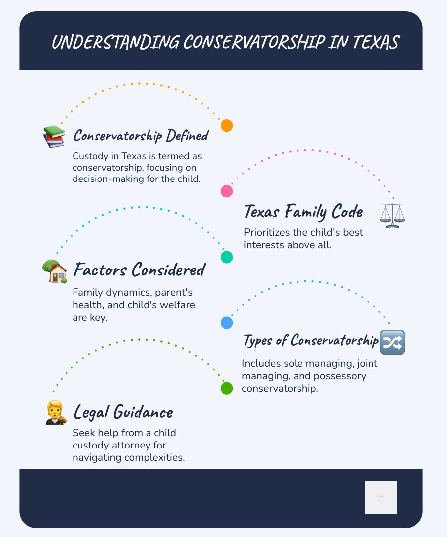 Infographic detailing Texas Family Code and child conservatorship: includes elements like best interests of the child, parent evaluation, and decision-making rights - child custody attorney dallas infographic infographic-line-5-steps-blues-accent_colors