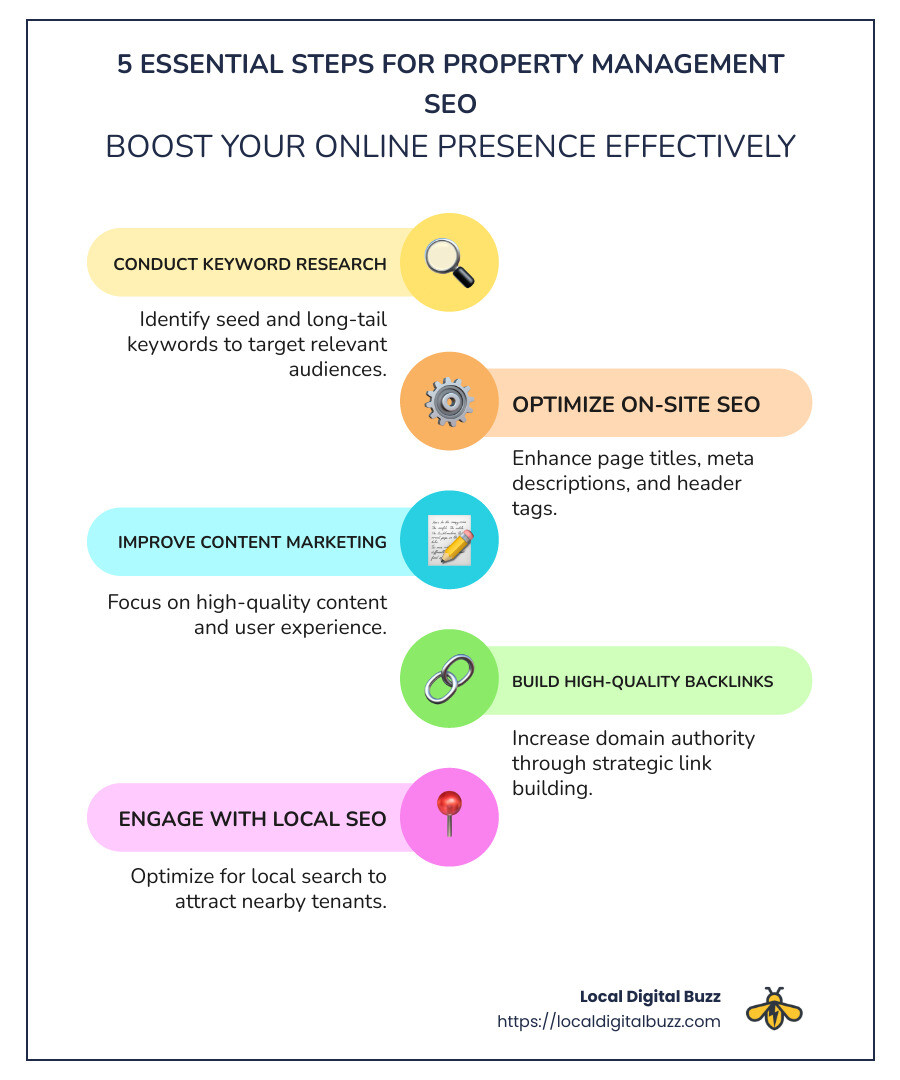 Comprehensive Guide to Property Management SEO - property management search engine optimization infographic infographic-line-5-steps-colors