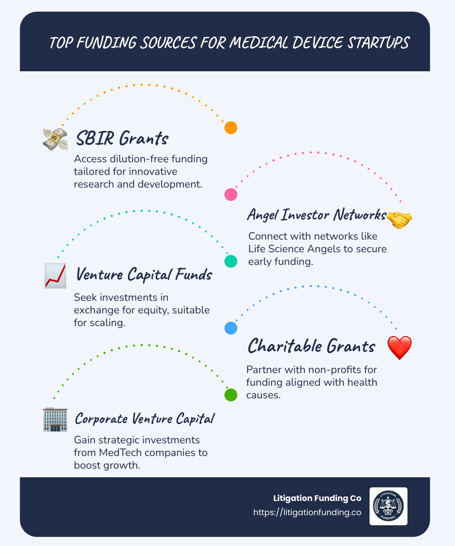 infographic detailing different funding sources and their benefits for medical startup devices - how to raise funds for medical devices infographic infographic-line-5-steps-blues-accent_colors