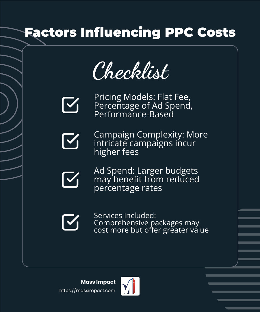 Understanding PPC Costs and Pricing Models - ppc management consultant infographic checklist-dark-blue