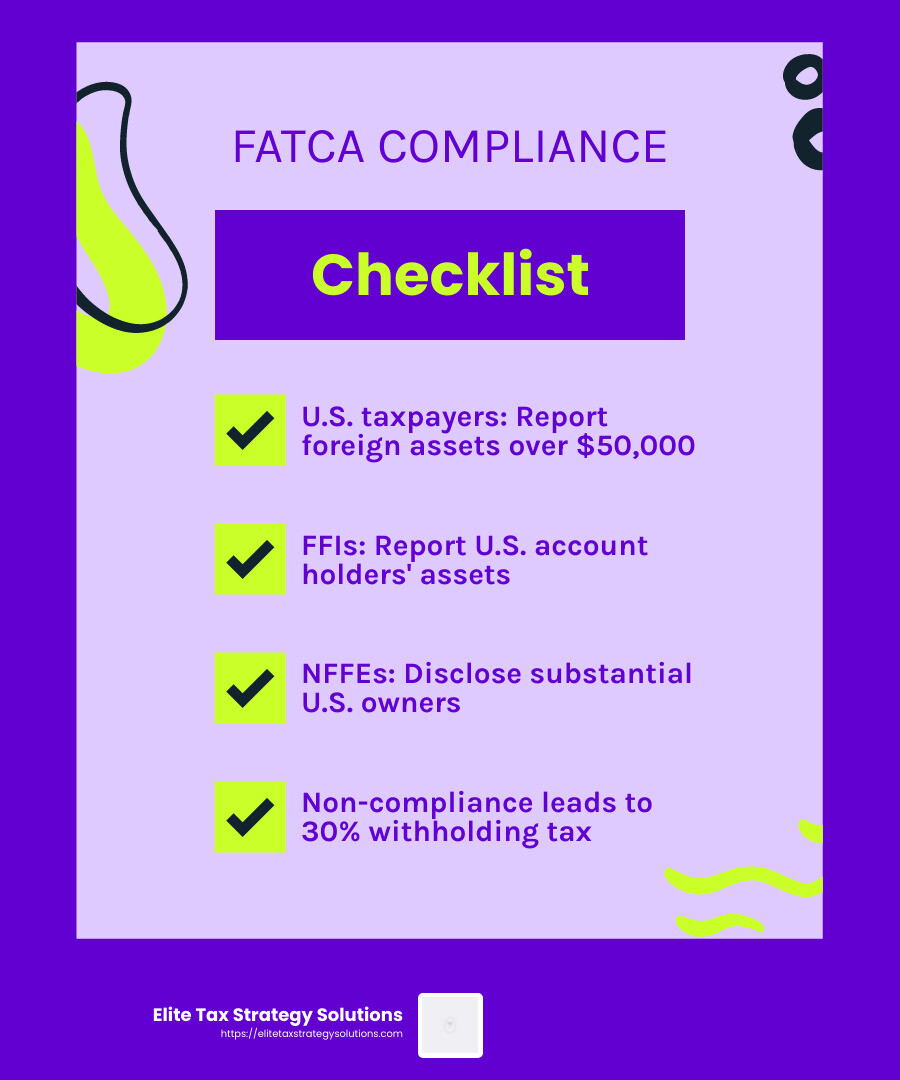 FATCA compliance requirements for U.S. taxpayers and FFIs - international tax compliance infographic checklist-fun-neon