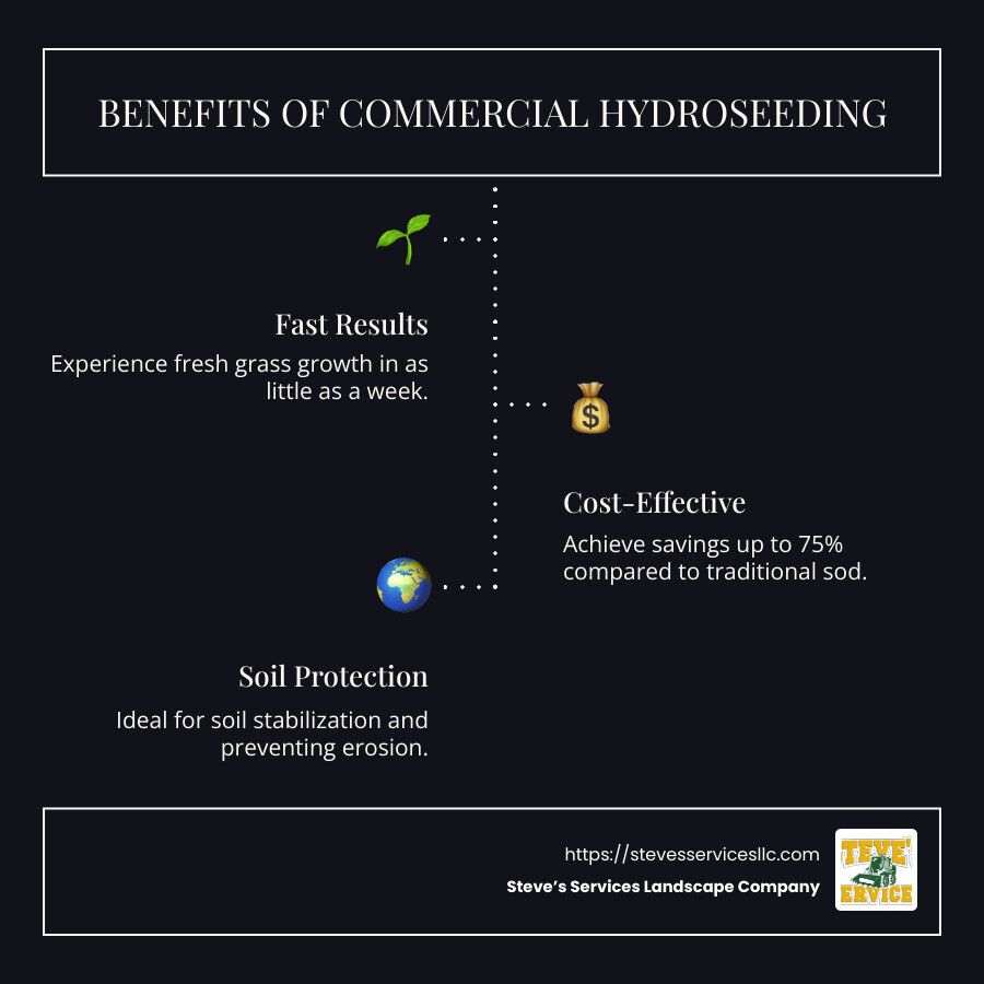 Benefits of commercial hydroseeding including cost savings, fast growth, and erosion control - commercial hydroseeding infographic infographic-line-3-steps-dark