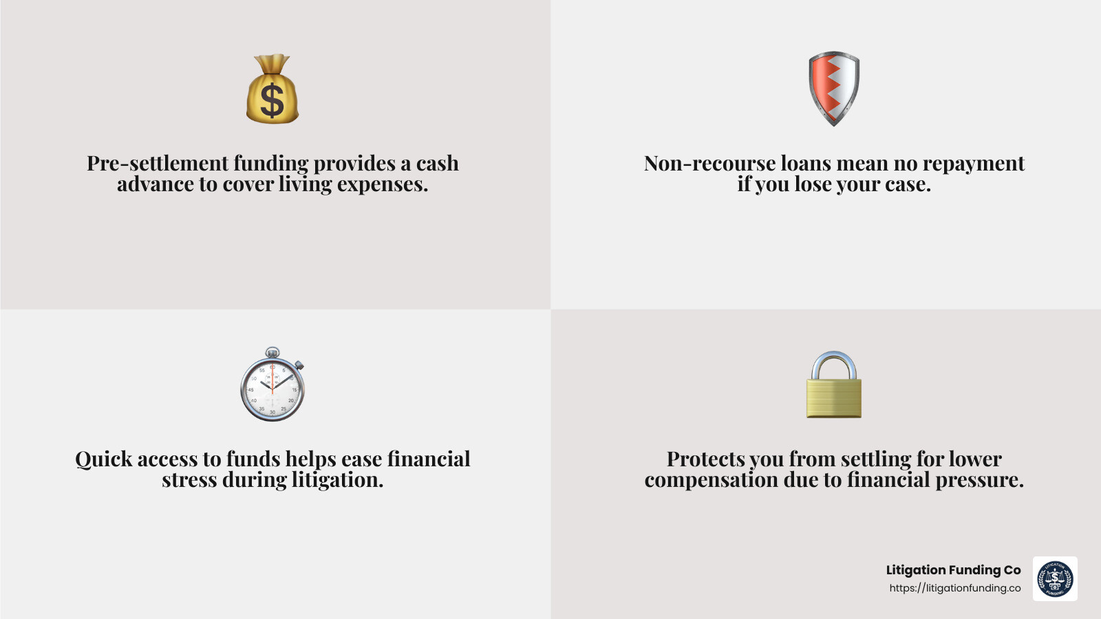 Pre-settlement funding provides financial relief during litigation. - pre-settlement case funding infographic 4_facts_emoji_grey