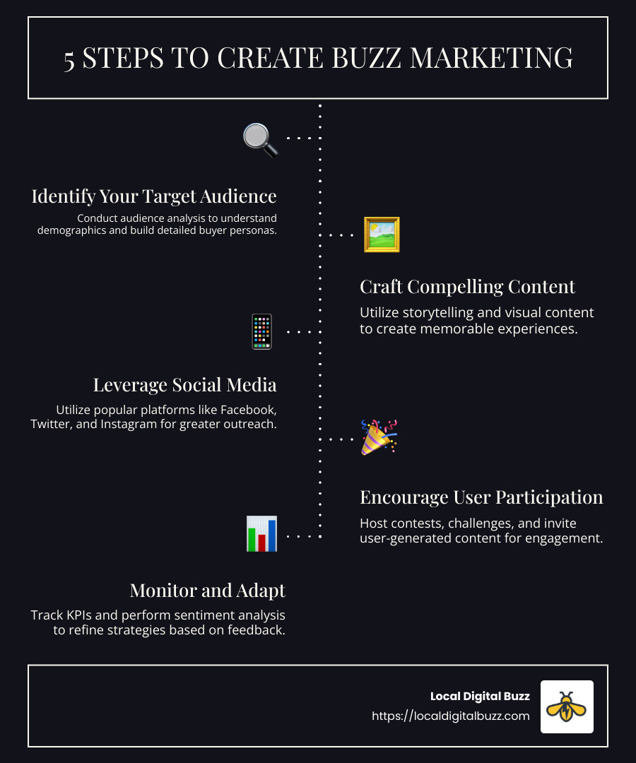 5 Steps to Create Buzz Marketing - how to create buzz marketing infographic infographic-line-5-steps-dark
