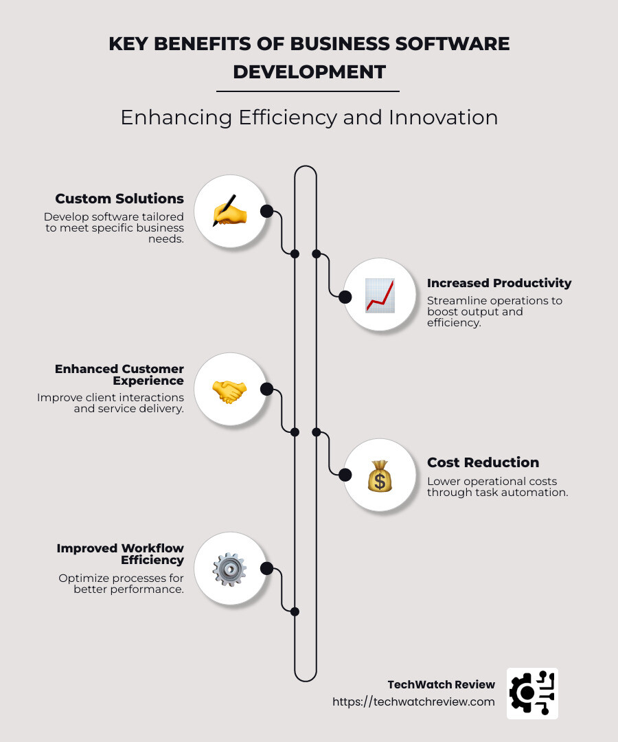 Key Benefits of Business Software Development Infographic: Custom solutions, Increased productivity, Improved customer experience, Cost reduction, Improved workflow efficiency - business software development infographic infographic-line-5-steps-neat_beige