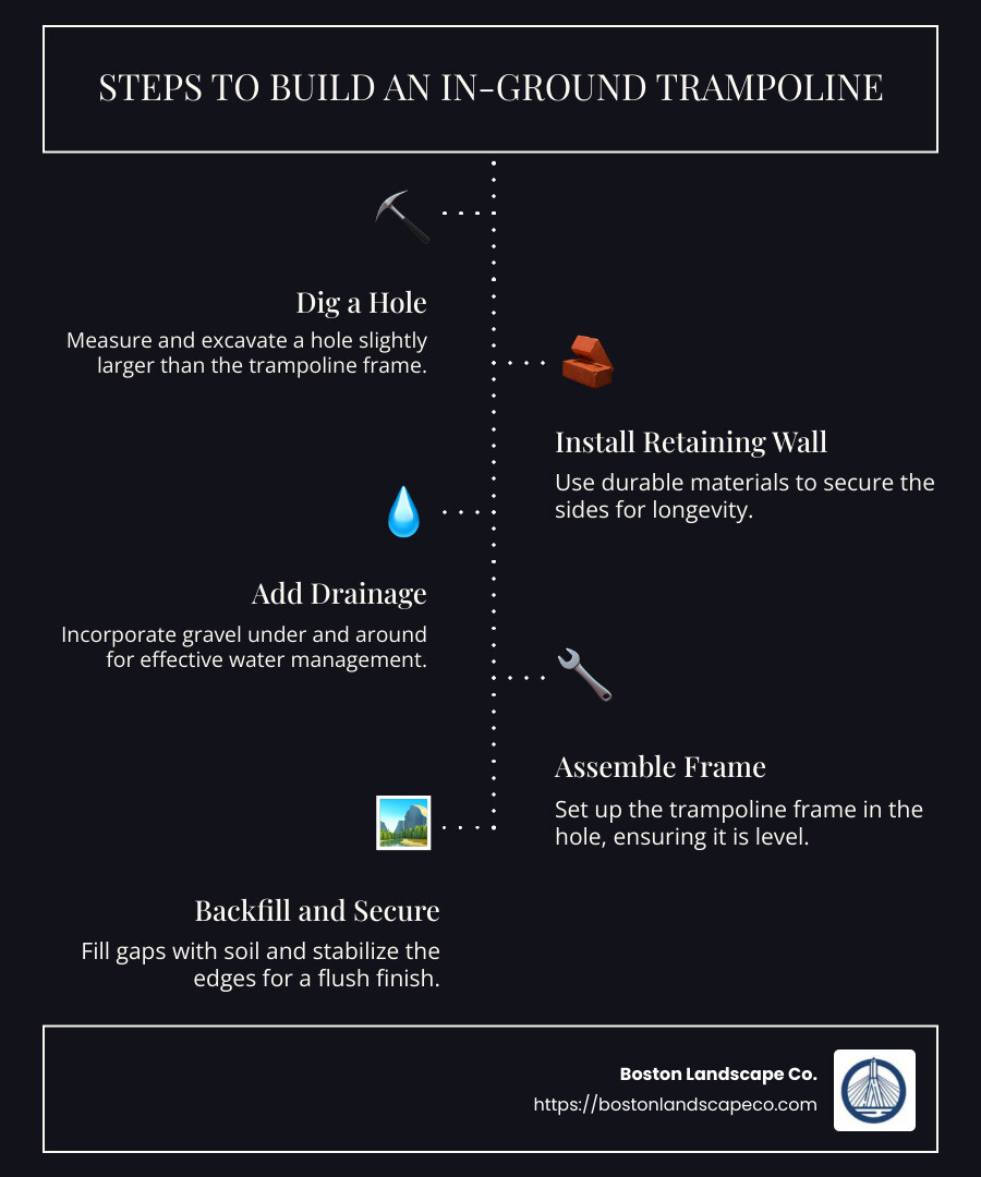 Detailed infographic showing steps to install in-ground trampoline, including digging a hole, setting up retaining walls, adding drainage, assembling the frame, and securing with detailed images of each step - how to build trampoline in ground infographic infographic-line-5-steps-dark
