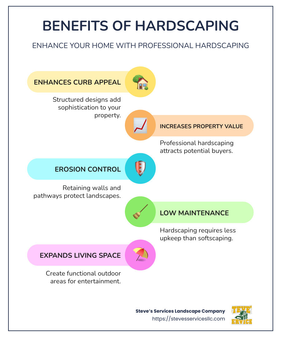 Infographic showing benefits of hardscaping, including curb appeal, property value increase, erosion control, and low maintenance. - hardscaping companies near me infographic infographic-line-5-steps-colors