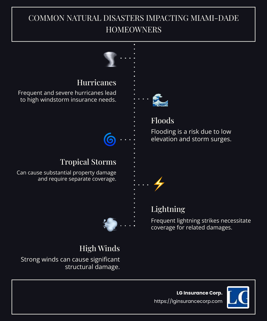 Infographic showing common natural disasters impacting Miami-Dade homeowners and their insurance options - homeowners insurance in miami dade county infographic infographic-line-5-steps-dark | homeowners insurance miami dade county florida