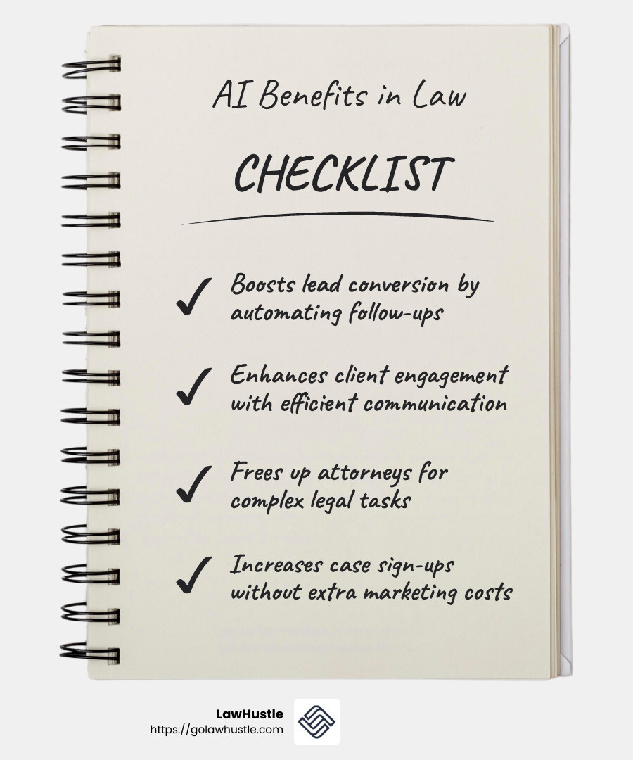 LawHustle's AI technology ensures effective lead conversion without additional marketing costs. - AI chatbot for lawyers infographic checklist-notebook
