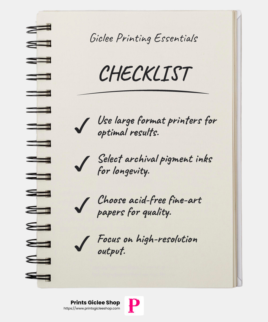 Checklist infographic illustrating giclee printing essentials, including large format printers, archival pigment inks, and acid-free fine-art papers, styled in website colors with fun neon highlights - giclee printer infographic checklist-notebook Checklist infographic illustrating giclee printing essentials, including large format printers, archival pigment inks, and acid-free fine-art papers, styled in website colors with fun neon highlights - giclee printer infographic checklist-notebook