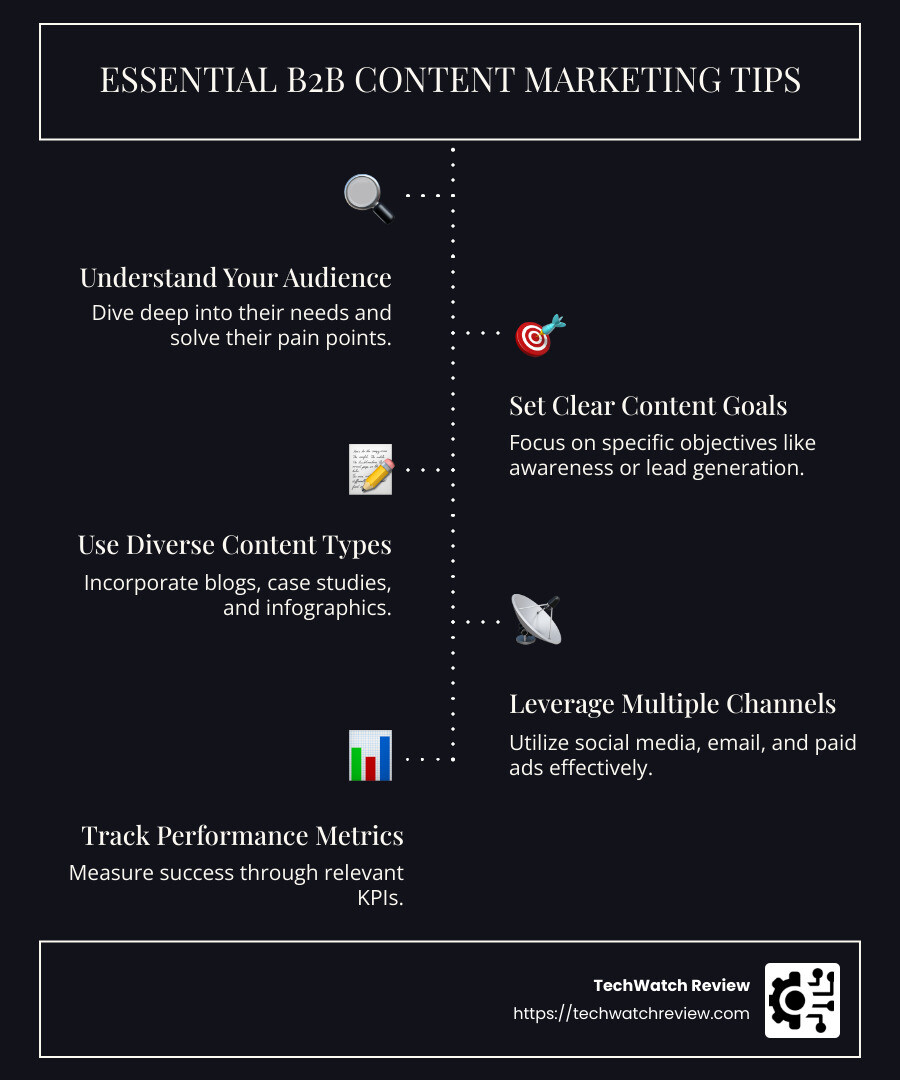 Infographic detailing essential B2B content marketing tips, including audience understanding, content goal setting, content diversity, channel utilization, and performance tracking. - b2b content marketing tips infographic infographic-line-5-steps-dark