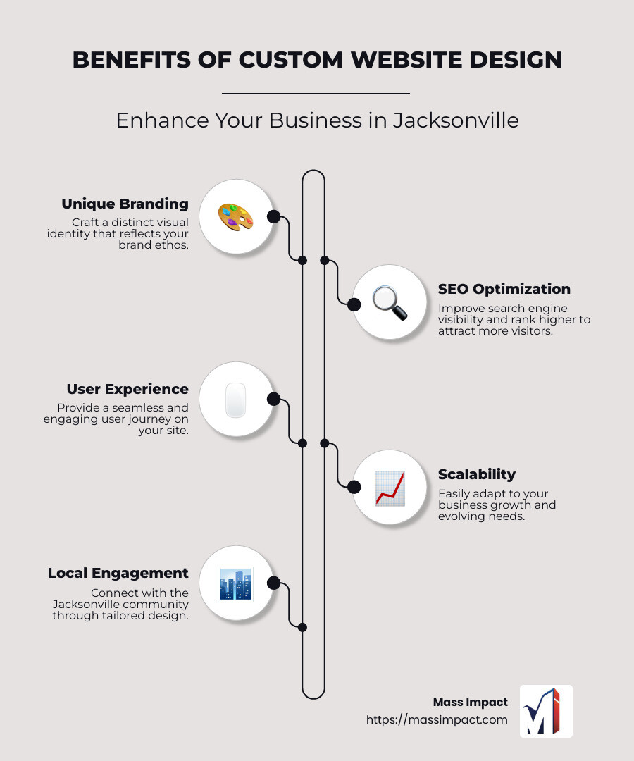 Infographic detailing the benefits of custom website design: Unique Branding, SEO Optimization, User Experience, Scalability - Custom website design Jacksonville infographic infographic-line-5-steps-neat_beige