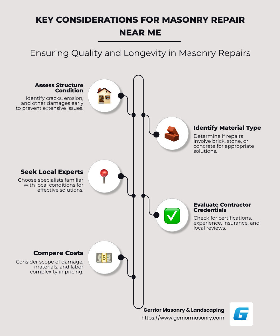 Your Local Guide to Masonry Repair Experts 2 Infographic on key considerations for masonry repair near me: material type, local expert sourcing, importance of early identification of issues. - masonry repair near me infographic infographic-line-5-steps-neat_beige