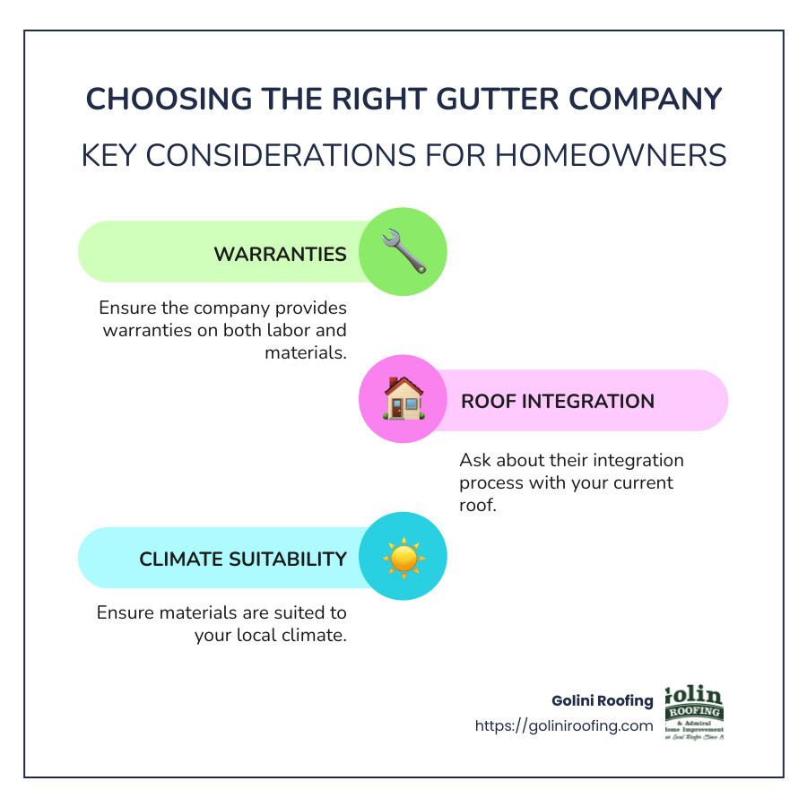 Infographic showing important considerations for choosing a local gutter company: warranties, roof integration, climate-suitable materials, and obtaining a detailed quote in writing, custom for North Shore homeowners. - gutter companies near me infographic infographic-line-3-steps-colors