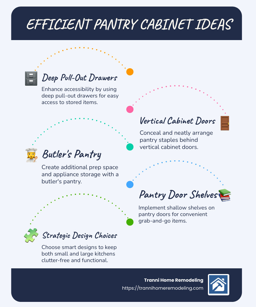 Transform Your Kitchen with These Pantry Cabinet Ideas 1 Infographic showcasing pantry cabinet ideas like deep drawers and vertical storage - pantry cabinet ideas infographic infographic-line-5-steps-blues-accent_colors