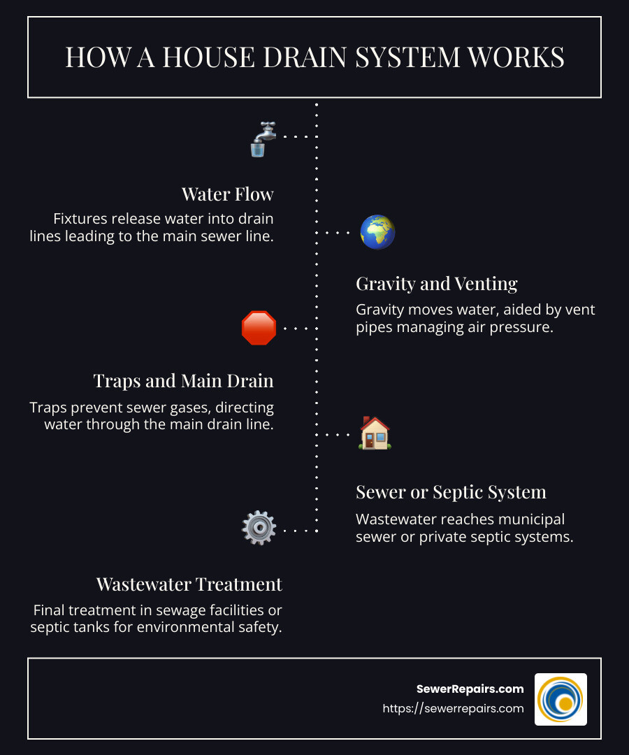 Infographic detail on the house drain system journey illustrating gravity flow, fixtures, and connections to sewer or septic - how does a house drain system work infographic infographic-line-5-steps-dark Infographic detail on the house drain system journey illustrating gravity flow, fixtures, and connections to sewer or septic - how does a house drain system work infographic infographic-line-5-steps-dark