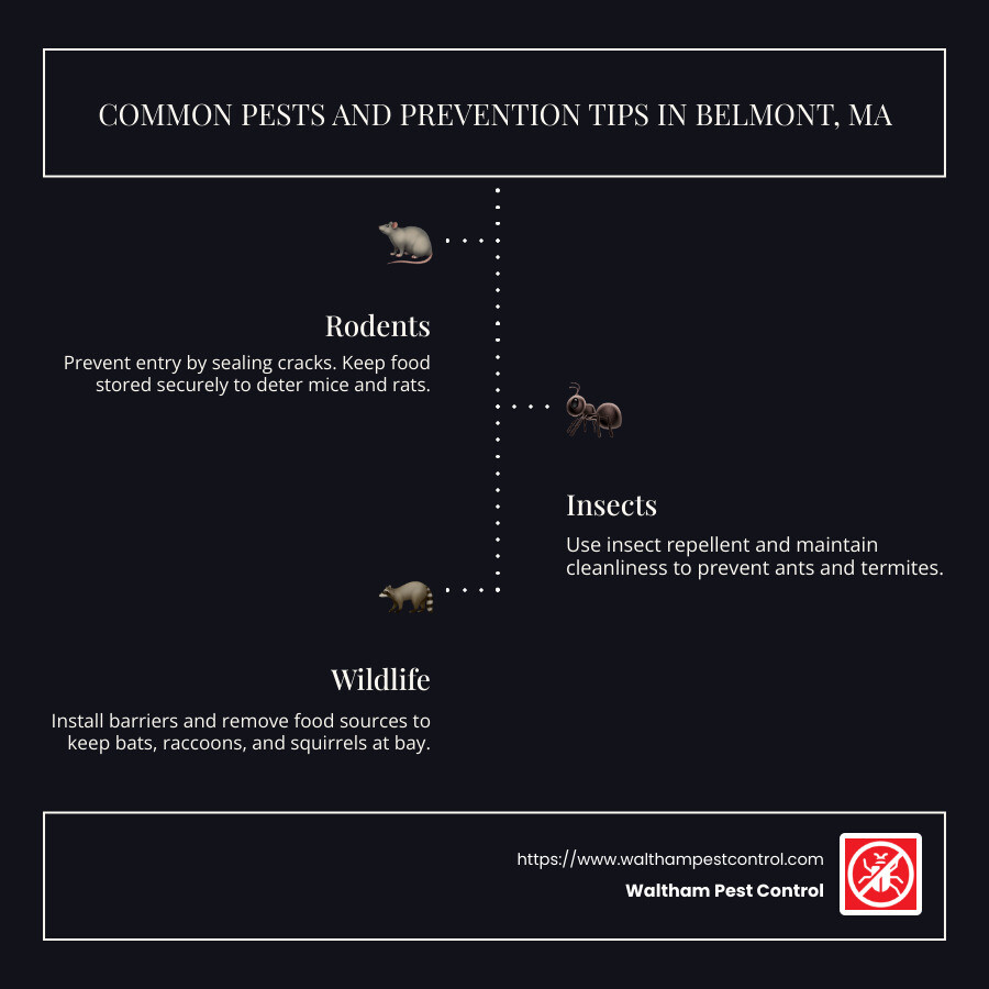 Infographic detailing common pests in Belmont MA and quick prevention tips - Pest Control Service Belmont MA infographic infographic-line-3-steps-dark