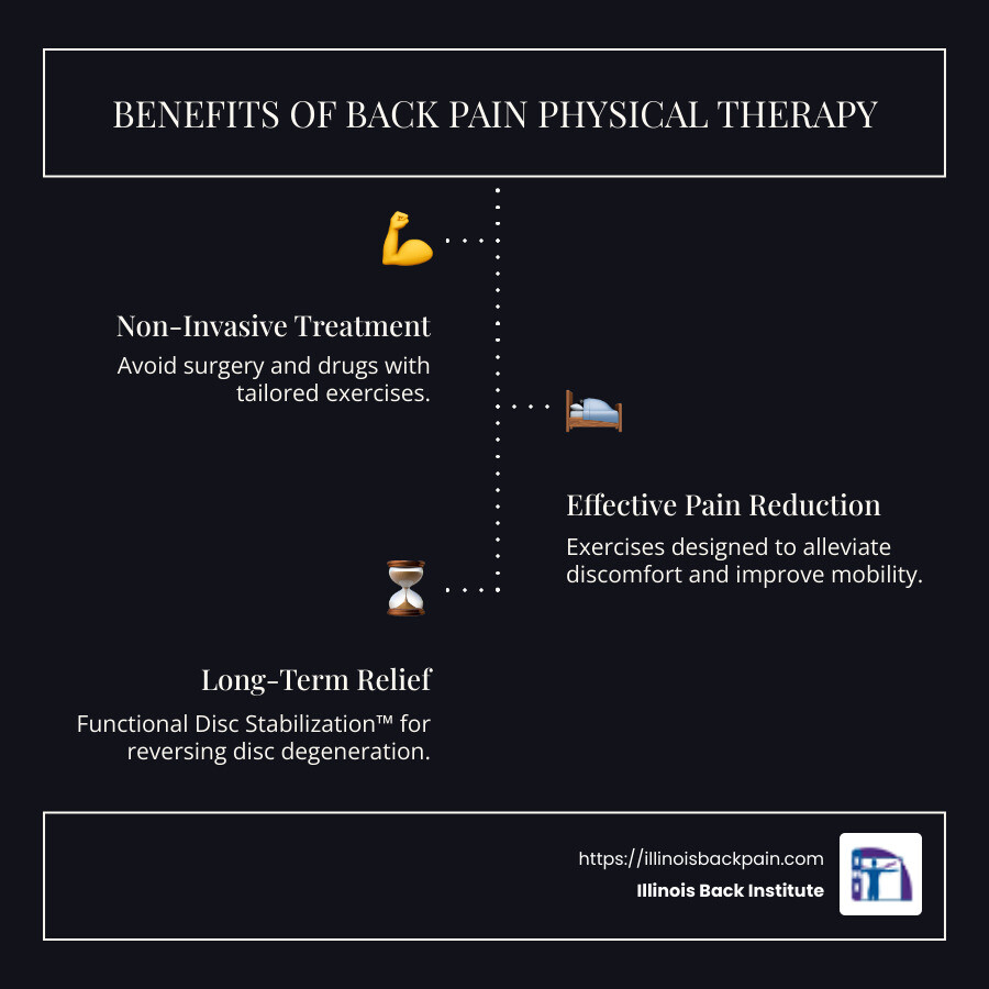 Infographic on benefits of back pain physical therapy and how it is non-invasive - Back pain physical therapy infographic infographic-line-3-steps-dark