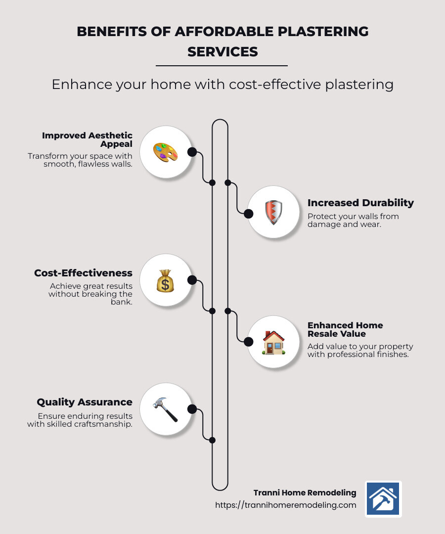 Infographic outlining the benefits of affordable plastering services, including improved aesthetic appeal, increased durability, cost-effectiveness, and improved home resale value - affordable plastering services infographic infographic-line-5-steps-neat_beige