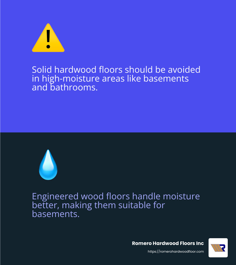 Solid hardwood floors are not suitable for high-moisture areas like bathrooms. - wood floors near me infographic 2_facts_emoji_blue