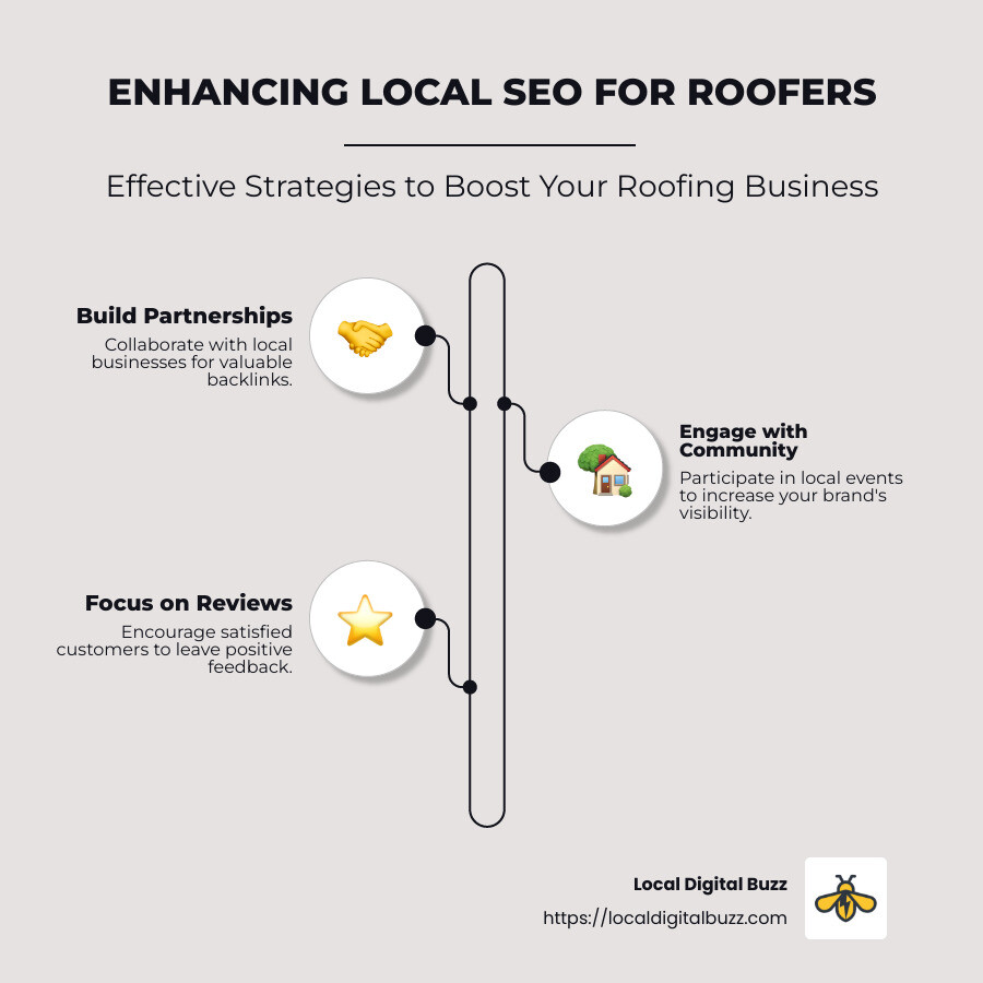 Infographic showing steps to improve local SEO for roofers: 1. Build Partnerships, 2. Engage with Community, 3. Focus on Reviews - local off page seo for roofers infographic infographic-line-3-steps-neat_beige