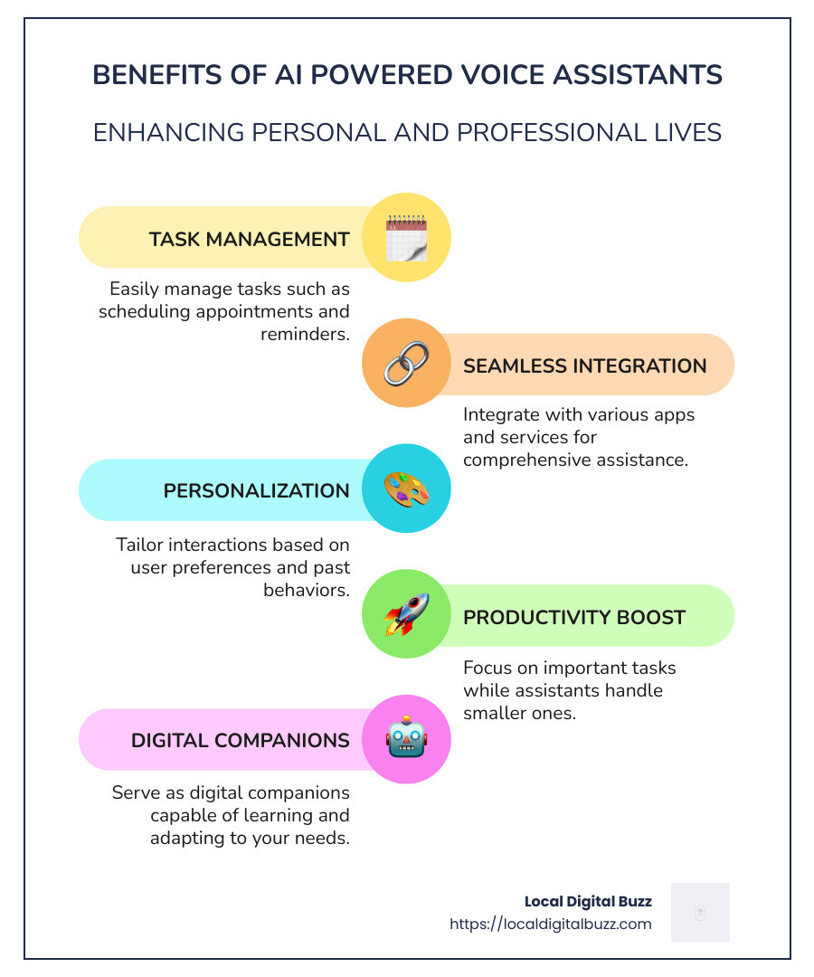 Infographic on AI powered voice assistant benefits - ai powered voice assistant infographic infographic-line-5-steps-colors