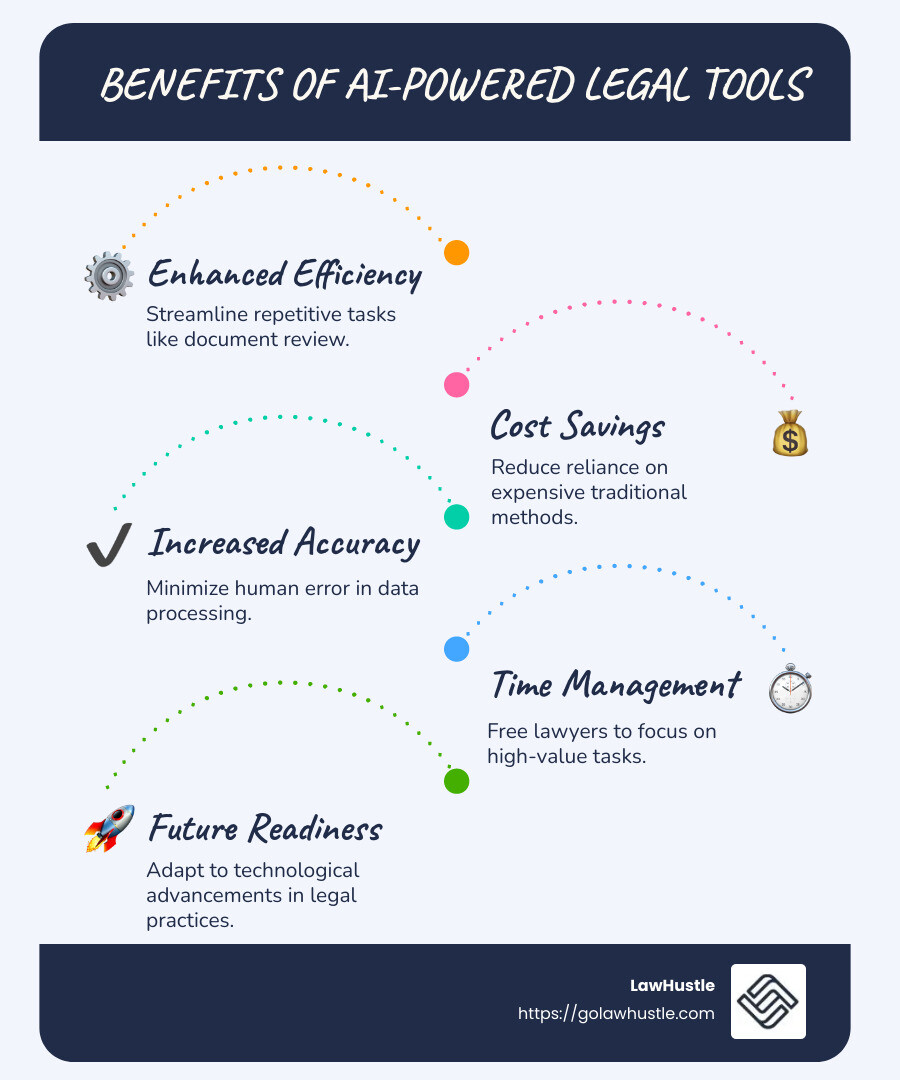 Infographic detailing the benefits of AI-powered legal tools, including efficiency, cost savings, and accuracy improvements - AI-powered legal tools infographic infographic-line-5-steps-blues-accent_colors