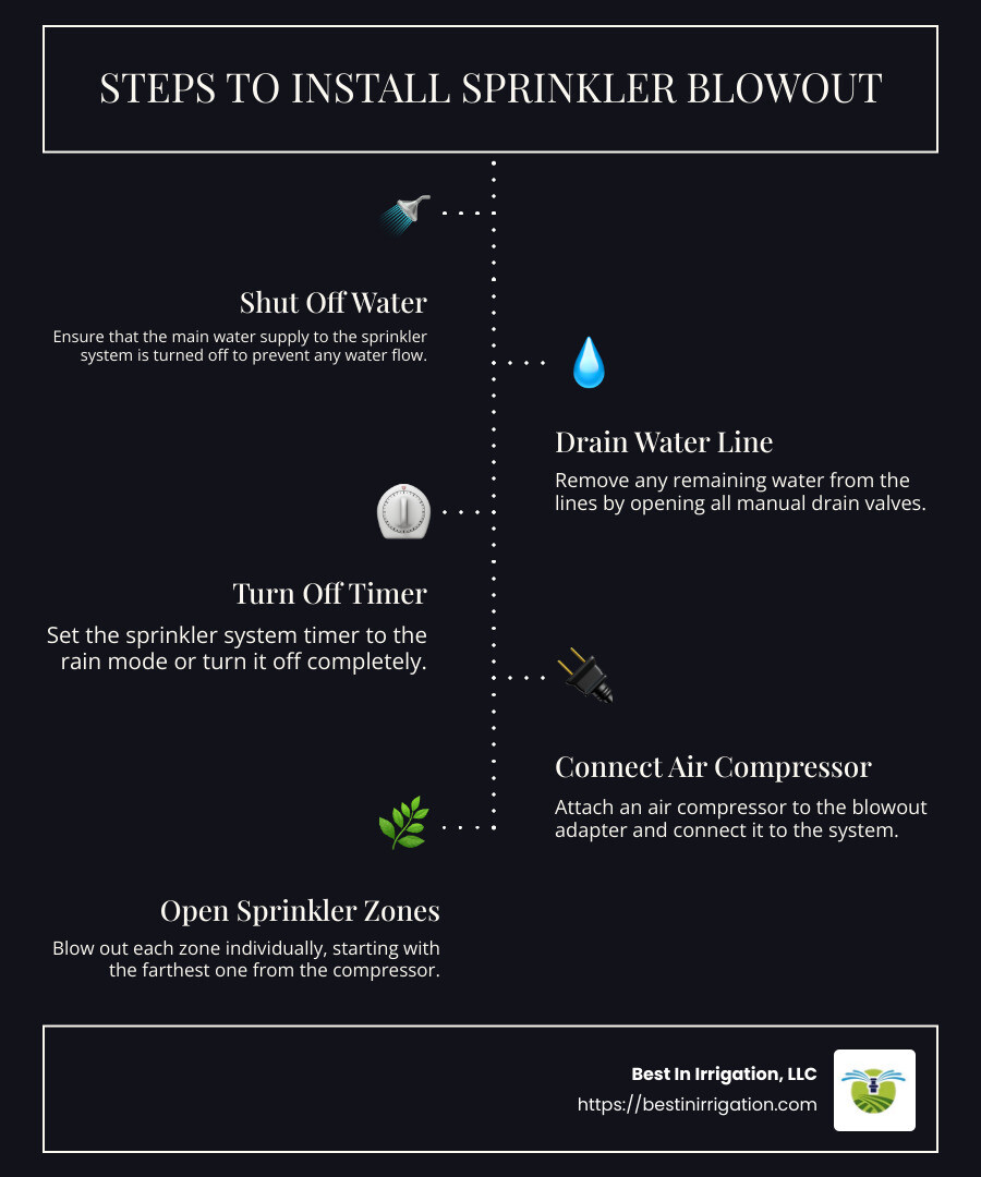 infographic of sprinkler blowout steps - install sprinkler blowout infographic infographic-line-5-steps-dark