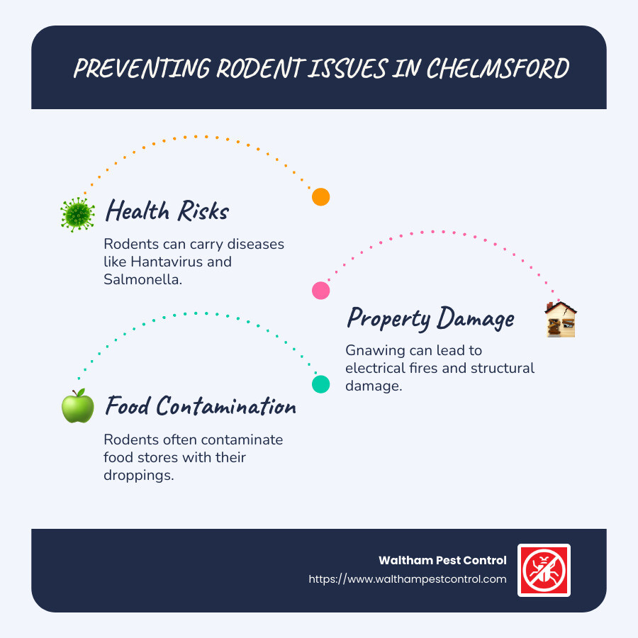 Chelmsford rodent control infographic illustrating health risks and property damage caused by rodents, with preventative measures like sealing entry points and using traps - Chelmsford rodent control infographic infographic-line-3-steps-blues-accent_colors