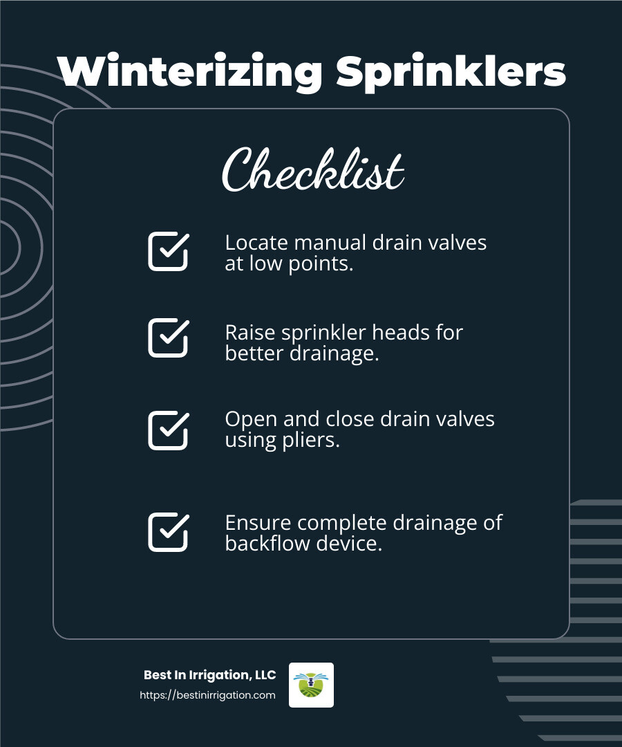 Automatic drain systems are convenient and efficient, saving you time and effort during winterization. - install sprinkler blowout infographic checklist-dark-blue