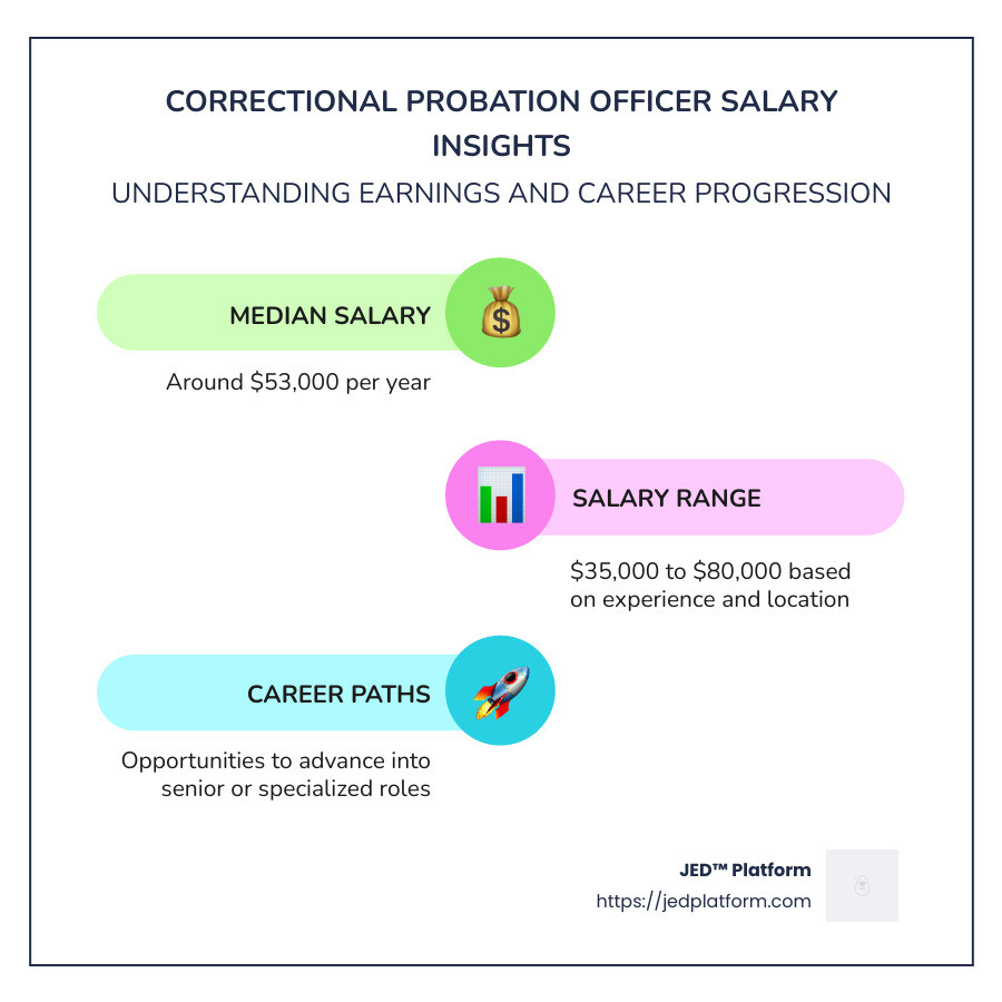 Infographic showing median salary, salary range, and career progression for correctional probation officers - correctional probation officer salary infographic infographic-line-3-steps-colors