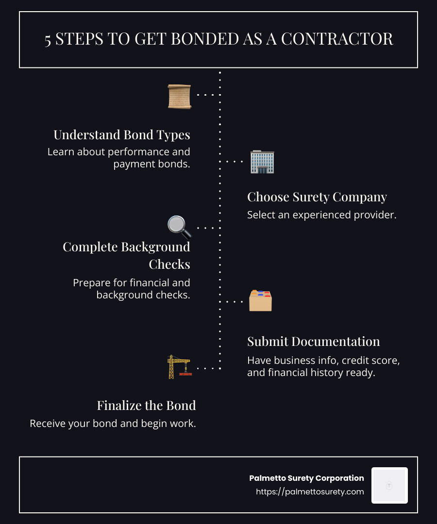 From application to approval: how to get bonded as a contractor 1 Infographic showing steps to get a bond: understand bond types, choose surety company, complete checks, submit documents, finalize bond. - how to get bonded contractor infographic infographic-line-5-steps-dark