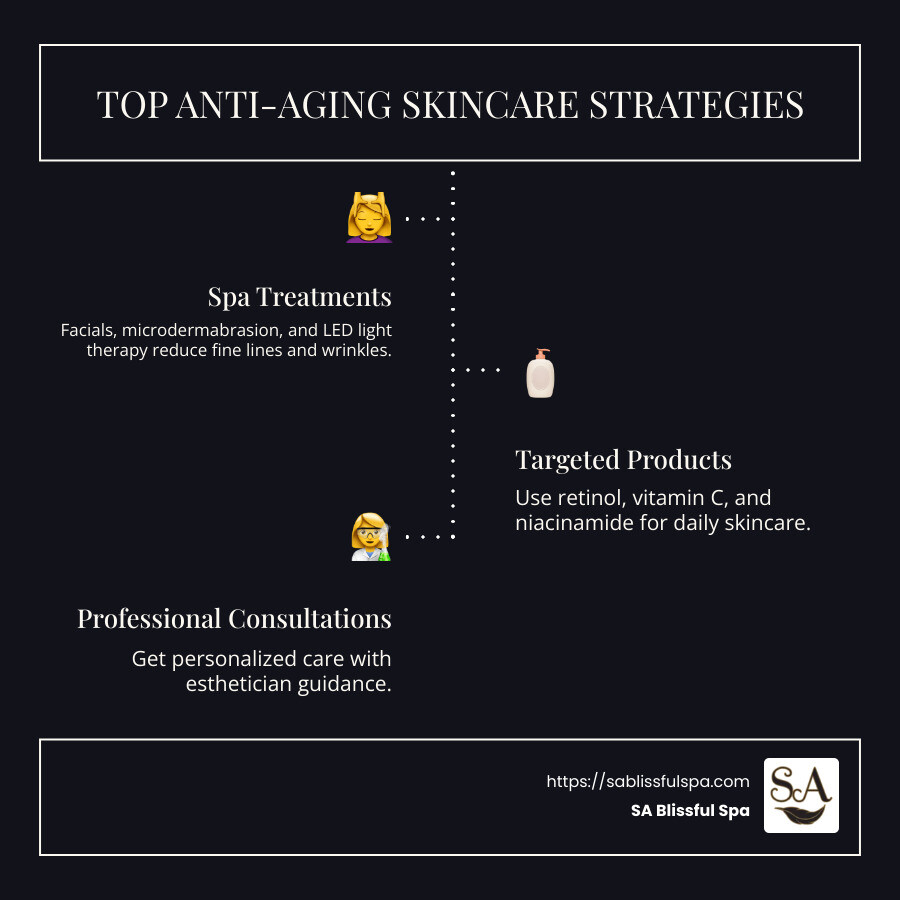 Infographic listing top three anti-aging skincare treatments: 1) Anti-aging spa treatments like facials and microdermabrasion, 2) Use of targeted products containing retinol and vitamin C, 3) Professional esthetic consultations for personalized care - anti-aging skincare spa infographic infographic-line-3-steps-dark