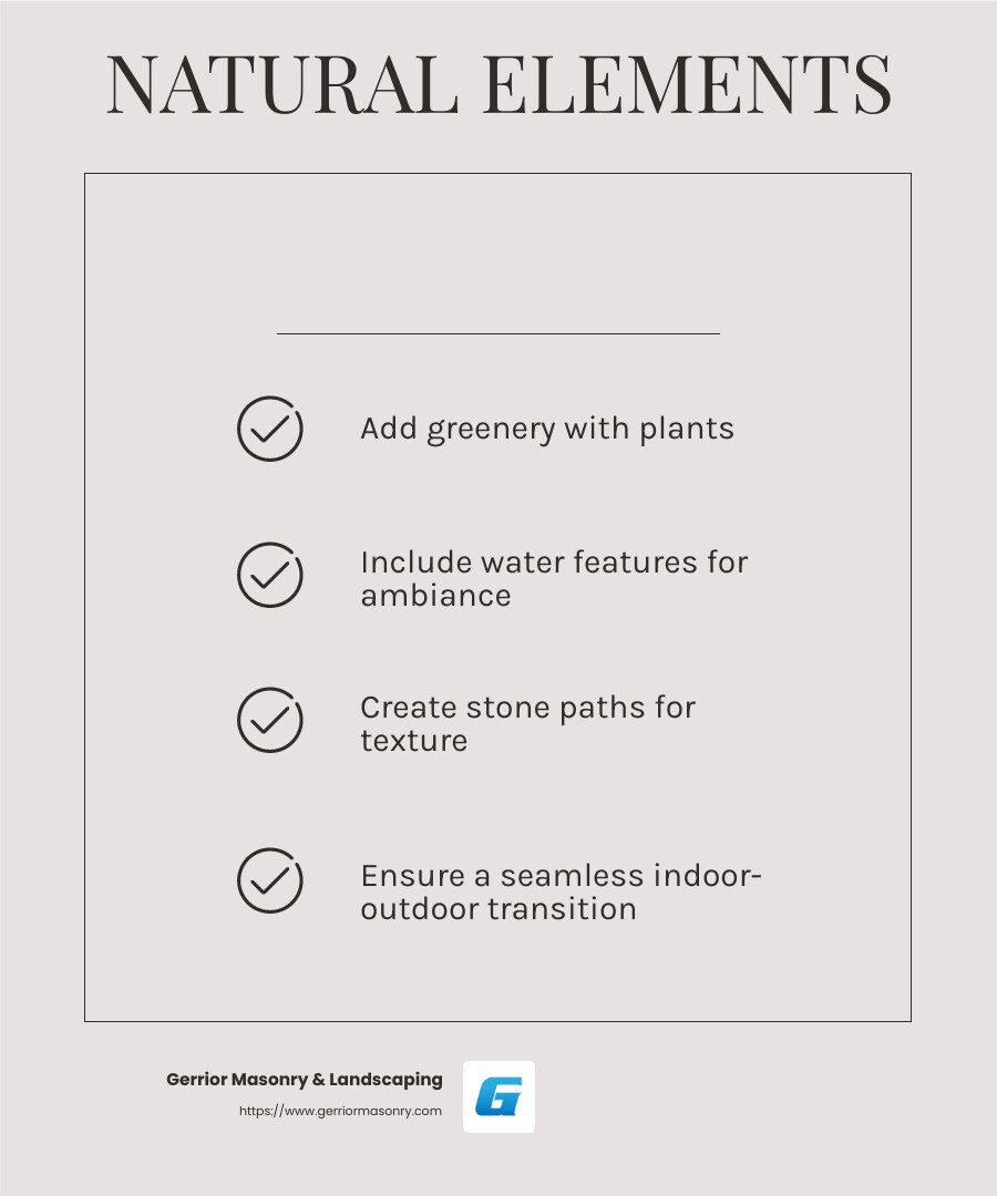 Incorporating Natural Elements - backyard patio designs infographic checklist-light-beige