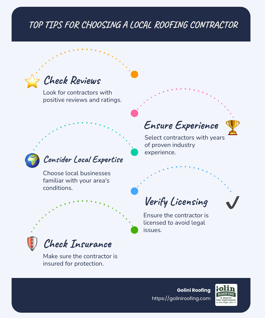 Infographic showing top tips for choosing a local roofing contractor: reviews, experience, local expertise, licensing, and insurance - roofing contractor near me infographic infographic-line-5-steps-blues-accent_colors