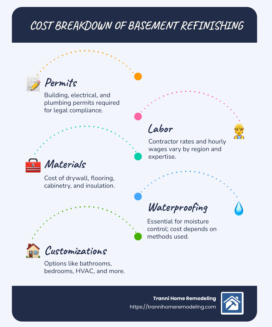 Refinishing Your Basement: What You Need to Know About Costs 1 Detailed cost breakdown of basement finishing showing different factors and price ranges involved - average cost to refinish basement infographic infographic-line-5-steps-blues-accent_colors