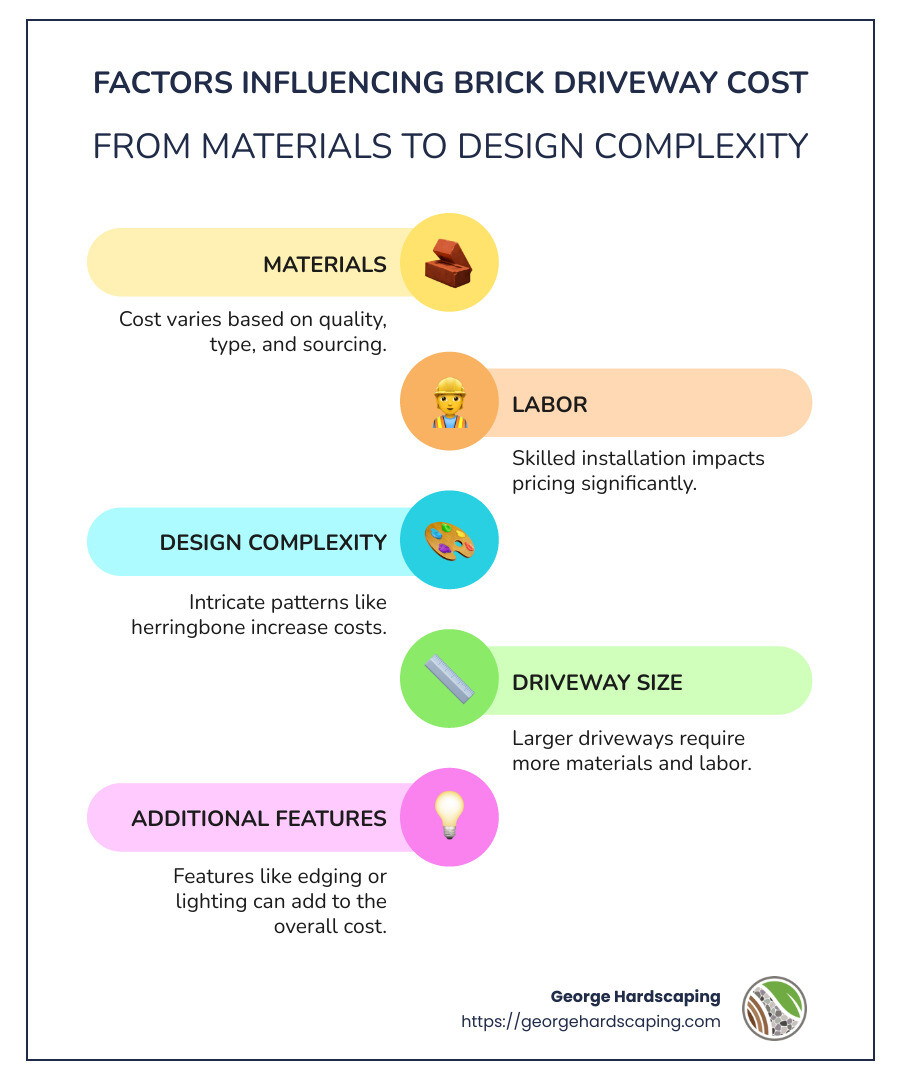A detailed infographic showing factors influencing brick driveway cost, including materials, labor, and design complexity - brick driveway cost infographic infographic-line-5-steps-colors