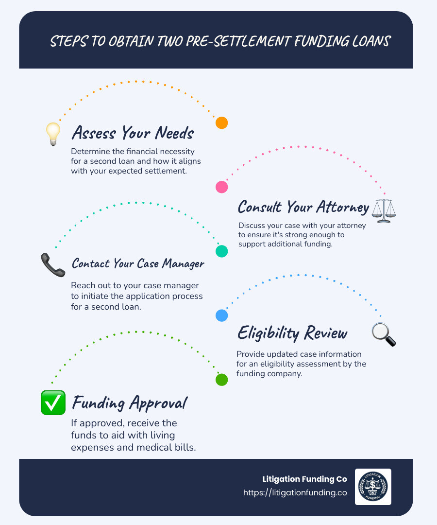 Detailed infographic explaining the process for obtaining two pre-settlement funding loans, including steps for application, qualifications, eligibility criteria, and potential outcomes - can i get two pre settlement funding loans infographic infographic-line-5-steps-blues-accent_colors