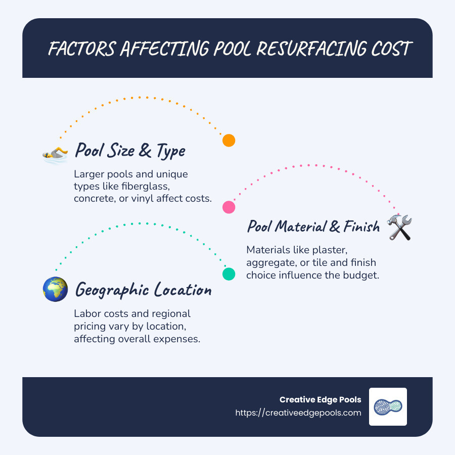 Factors affecting pool resurfacing cost infographic showing pool size, type, finish, and location - average cost to resurface a pool infographic infographic-line-3-steps-blues-accent_colors