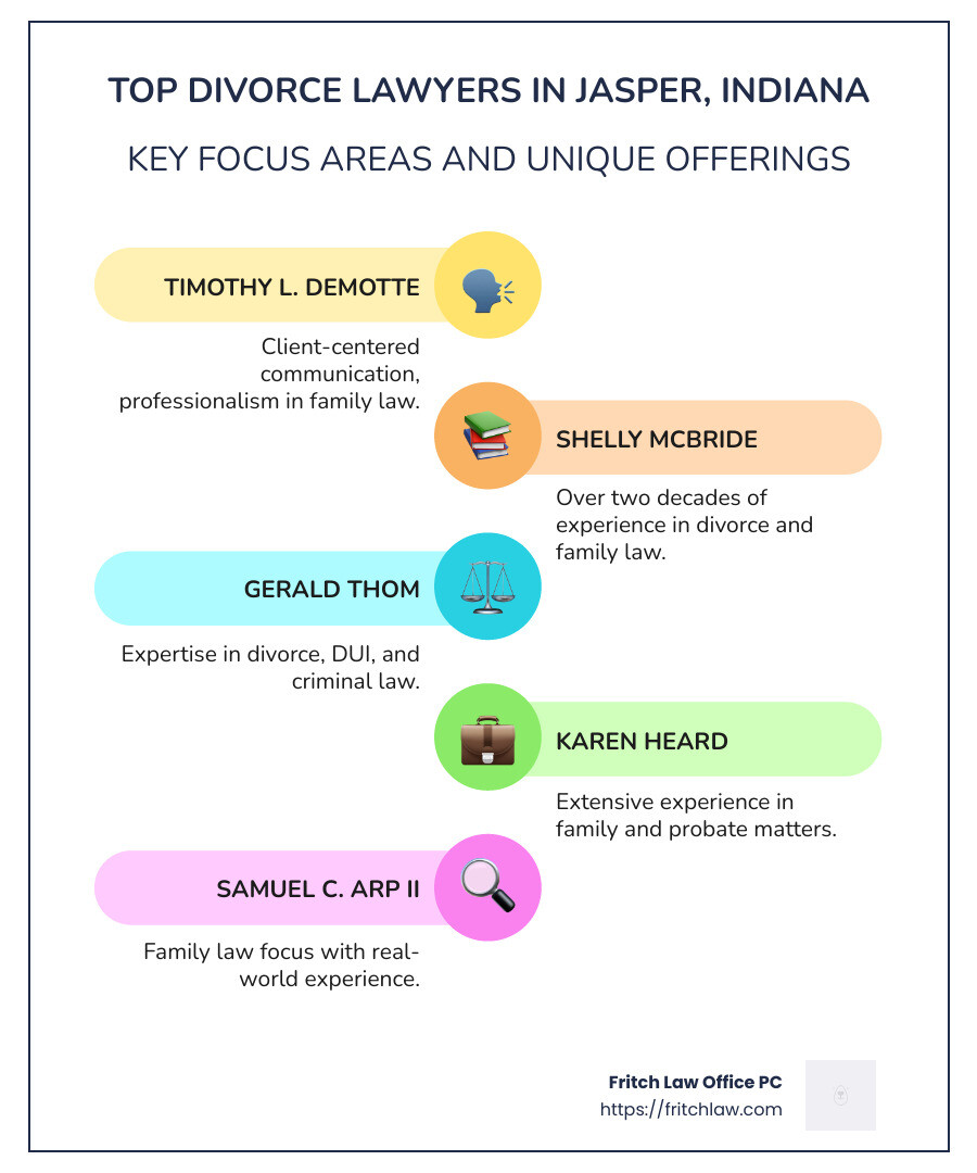 Infographic detailing top divorce lawyers in Jasper, Indiana, with key focus areas, experience, and unique offerings of each lawyer. - divorce lawyers jasper indiana infographic infographic-line-5-steps-colors