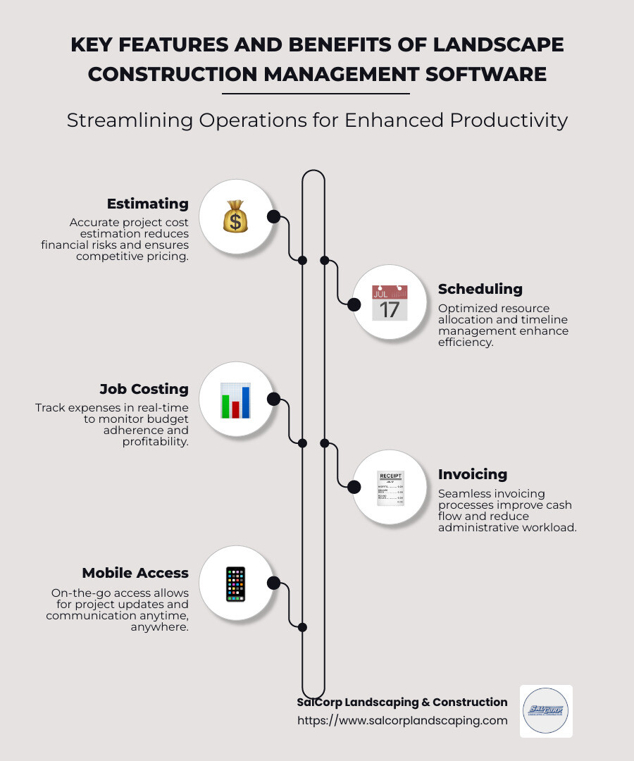 Infographic showing key features and benefits of landscape construction management software - landscape construction management software infographic infographic-line-5-steps-neat_beige
