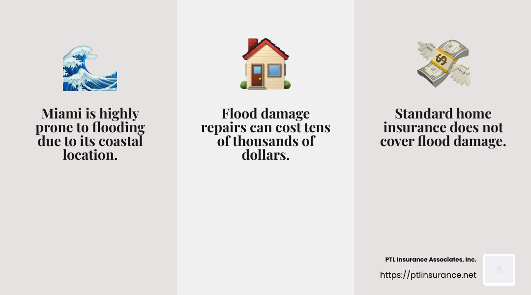 Flood insurance is crucial in Miami due to high flood risk zones and storm surges. - home insurance miami florida infographic 3_facts_emoji_grey