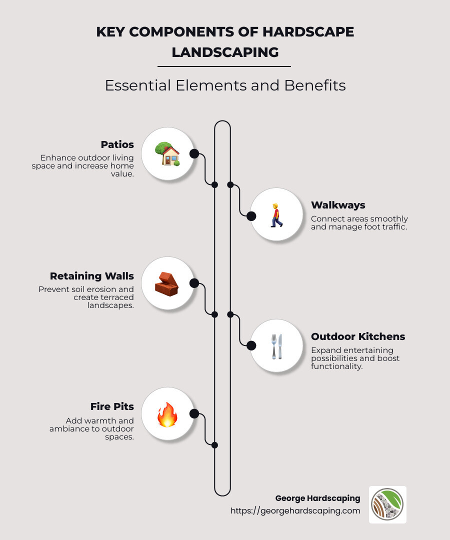 Infographic detailing key components of hardscape landscaping: patios, walkways, retaining walls, outdoor kitchens, and fire pits, highlighting the materials such as stone, concrete, and wood used, and their benefits including increased home value, reduced maintenance, and improved functionality. - hardscape landscapers infographic infographic-line-5-steps-neat_beige