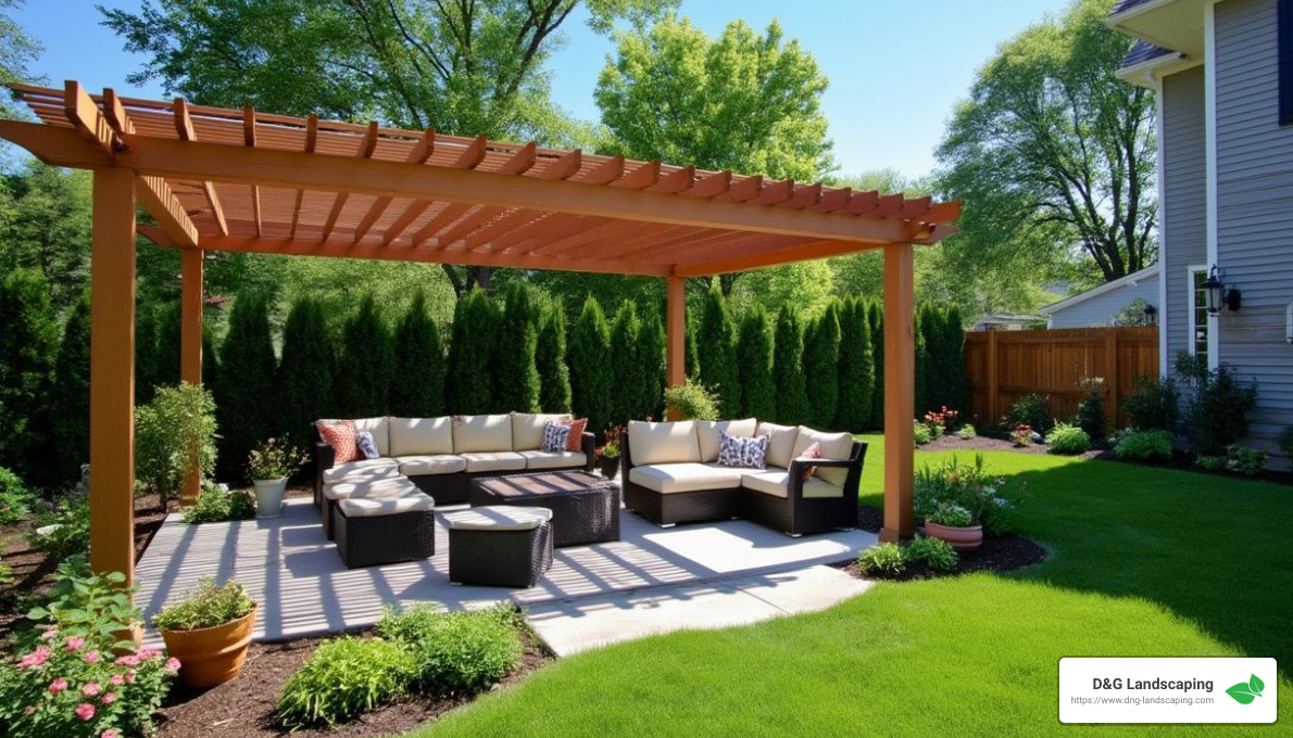 Relaxing garden patio with pergola - garden patio builders