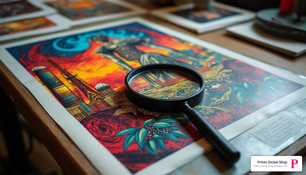 Vibrantly colored print on a table with a printer's magnifying glass next to it - giclee print shop Vibrantly colored print on a table with a printer's magnifying glass next to it - giclee print shop