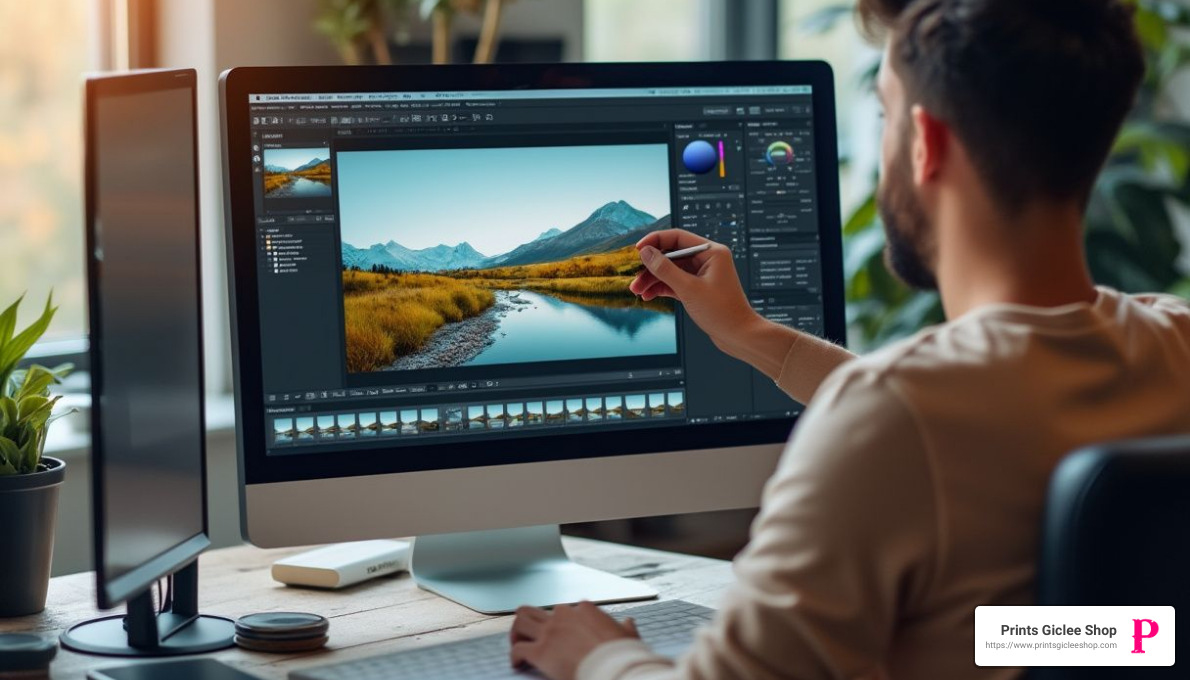 Person editing a photo in photo editing software on a computer screen, 3/4 view visible - change picture size Person editing a photo in photo editing software on a computer screen, 3/4 view visible - change picture size