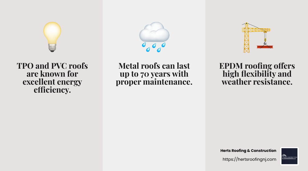 The best roofing for commercial buildings includes TPO, PVC, and EPDM due to their durability and energy efficiency. - commercial roofing companies nj infographic 3_facts_emoji_grey
