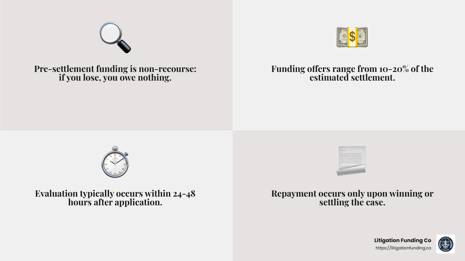 Understanding the Non-Recourse Nature of Pre-Settlement Funding - how does pre settlement funding work infographic 4_facts_emoji_grey