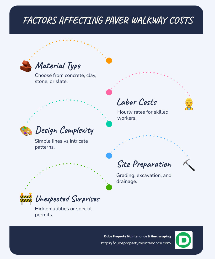 Infographic detailing average costs and factors affecting paver walkway installation, including material, labor, and design complexity - paver walkway installation cost infographic infographic-line-5-steps-blues-accent_colors